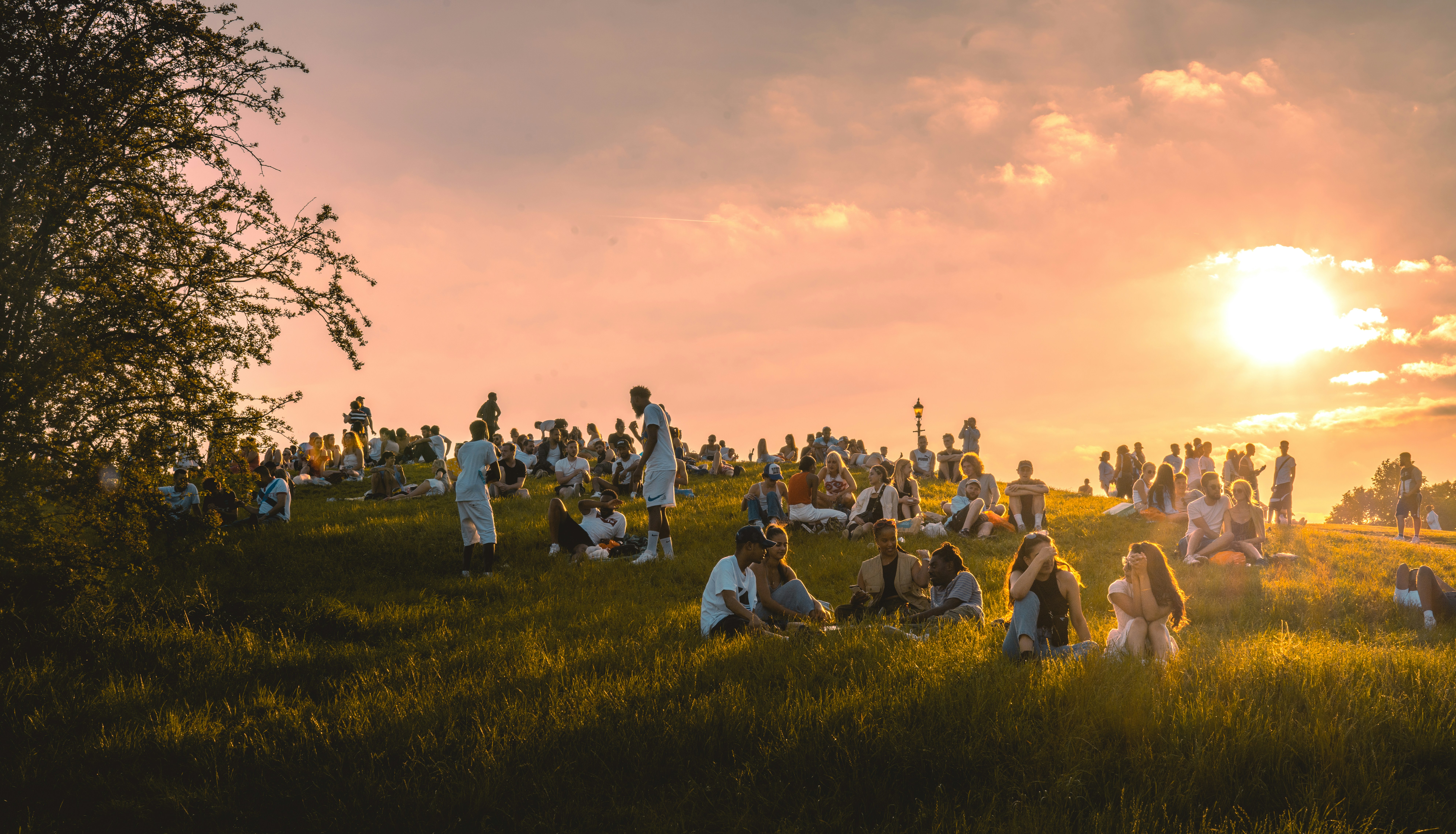 a group of people sitting in a field at sunset