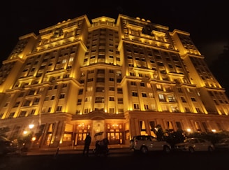a very tall building lit up at night