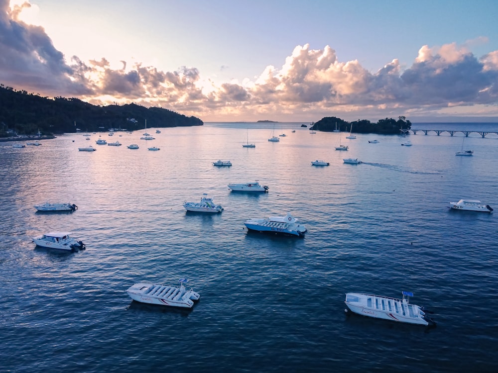 a group of boats floating on top of a large body of water