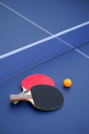 Two table tennis paddles, one with a red face and the other with a black face, are placed next to each other on a blue table. An orange ping pong ball is positioned near the paddles. The net divides the table vertically.