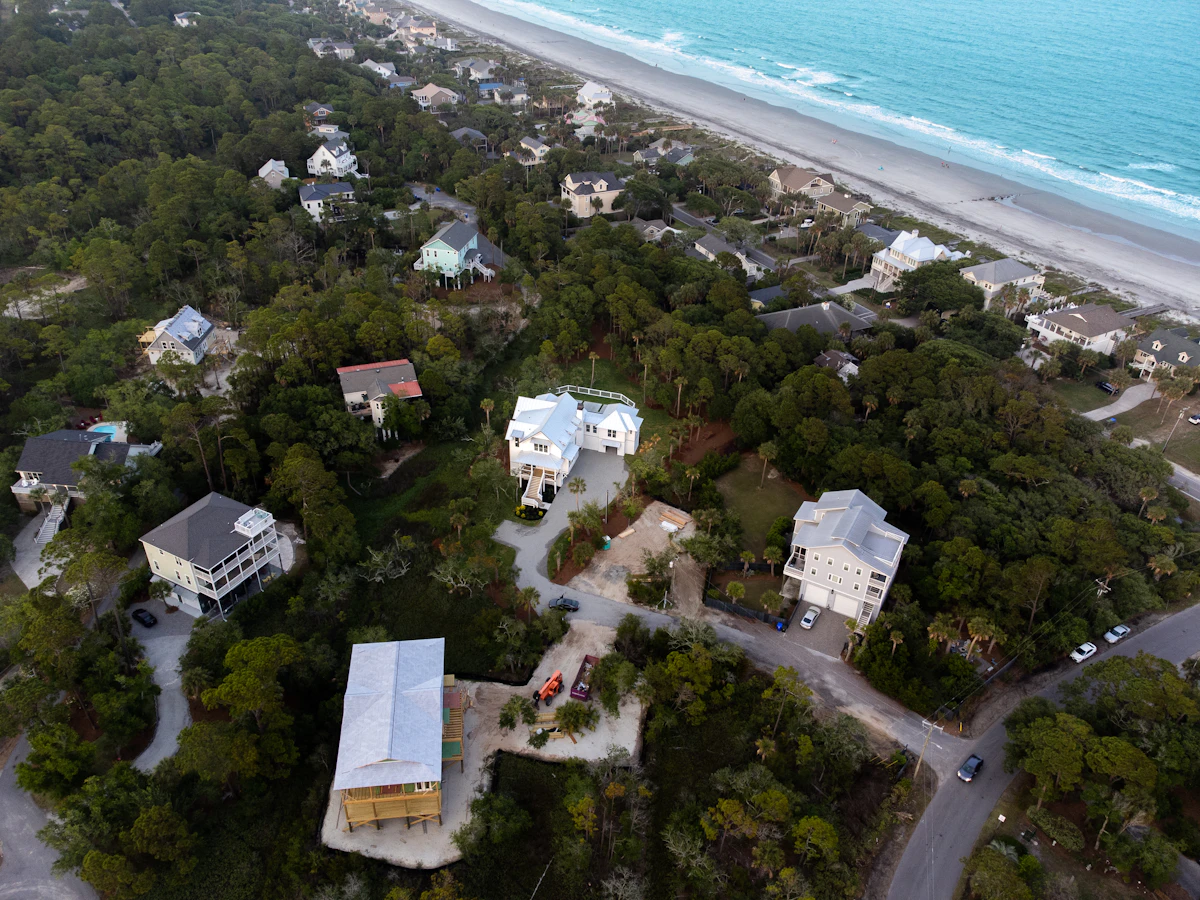 Aerial view of a beachfront neighborhood on a South Carolina barrier island