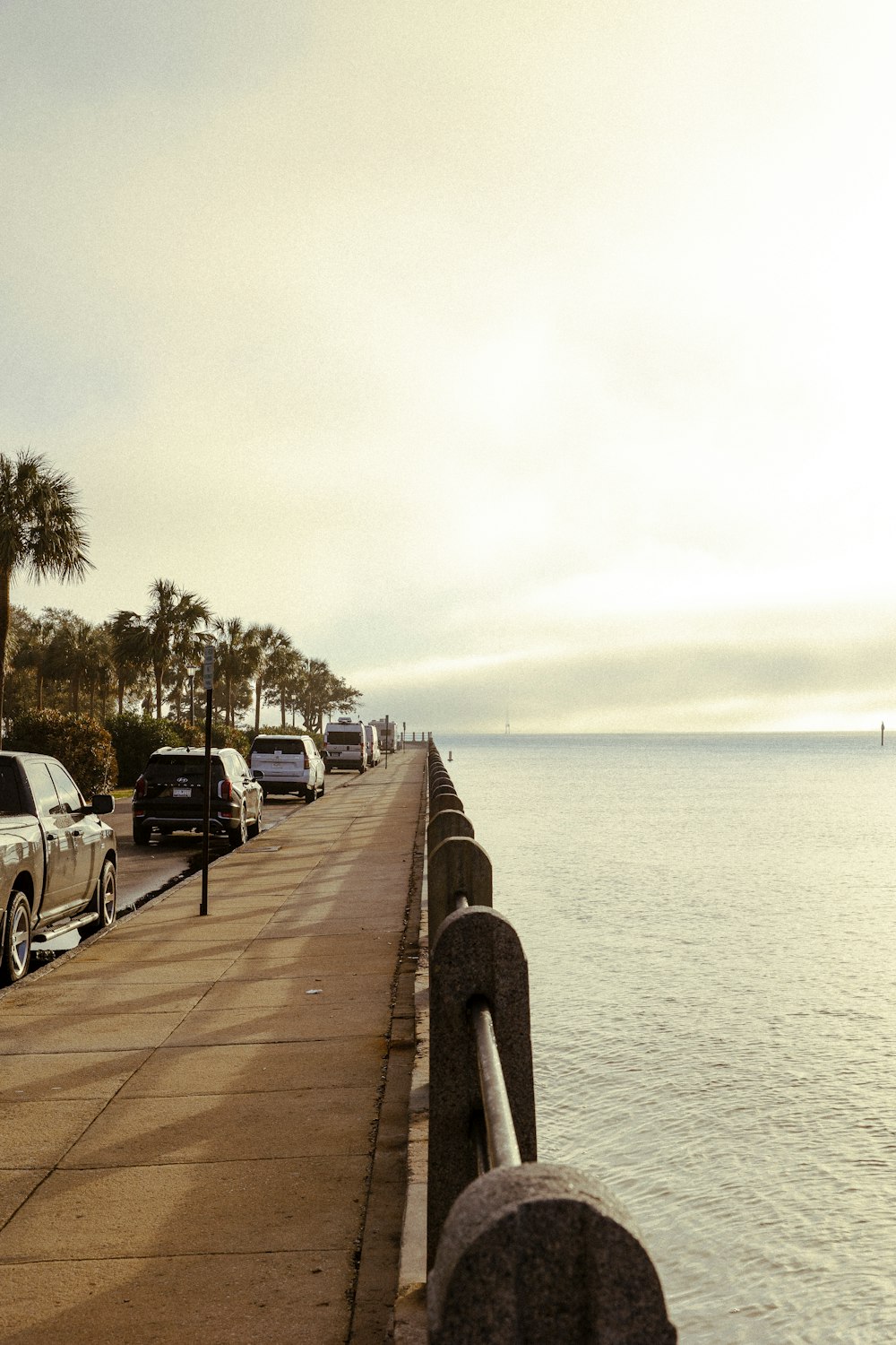 Los coches están aparcados a lo largo de la orilla del agua