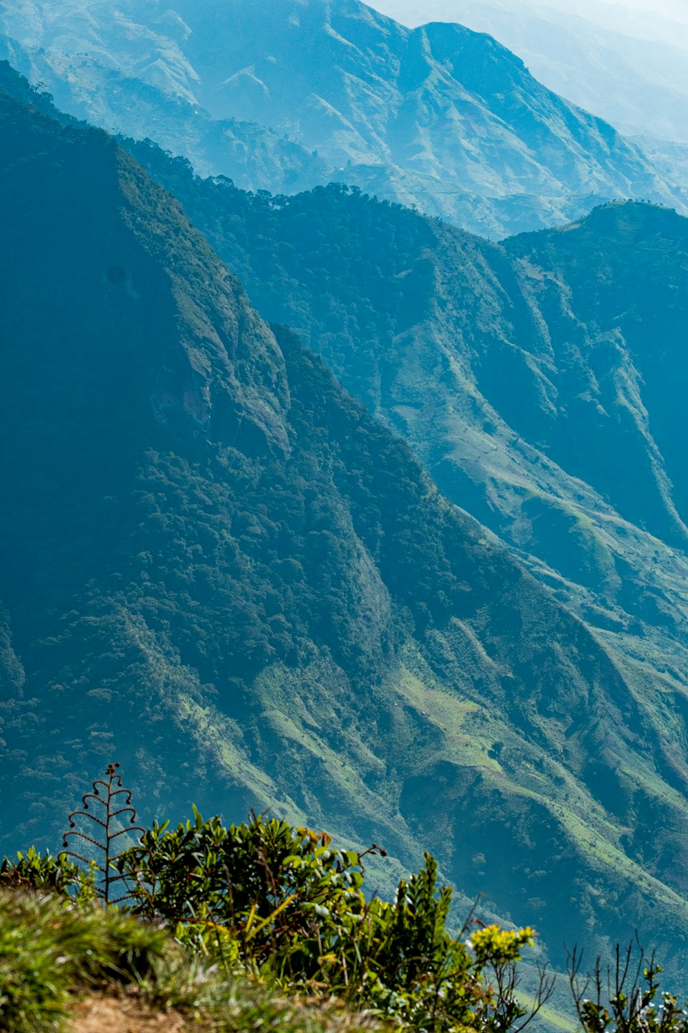 a view of a mountain range from the top of a hill