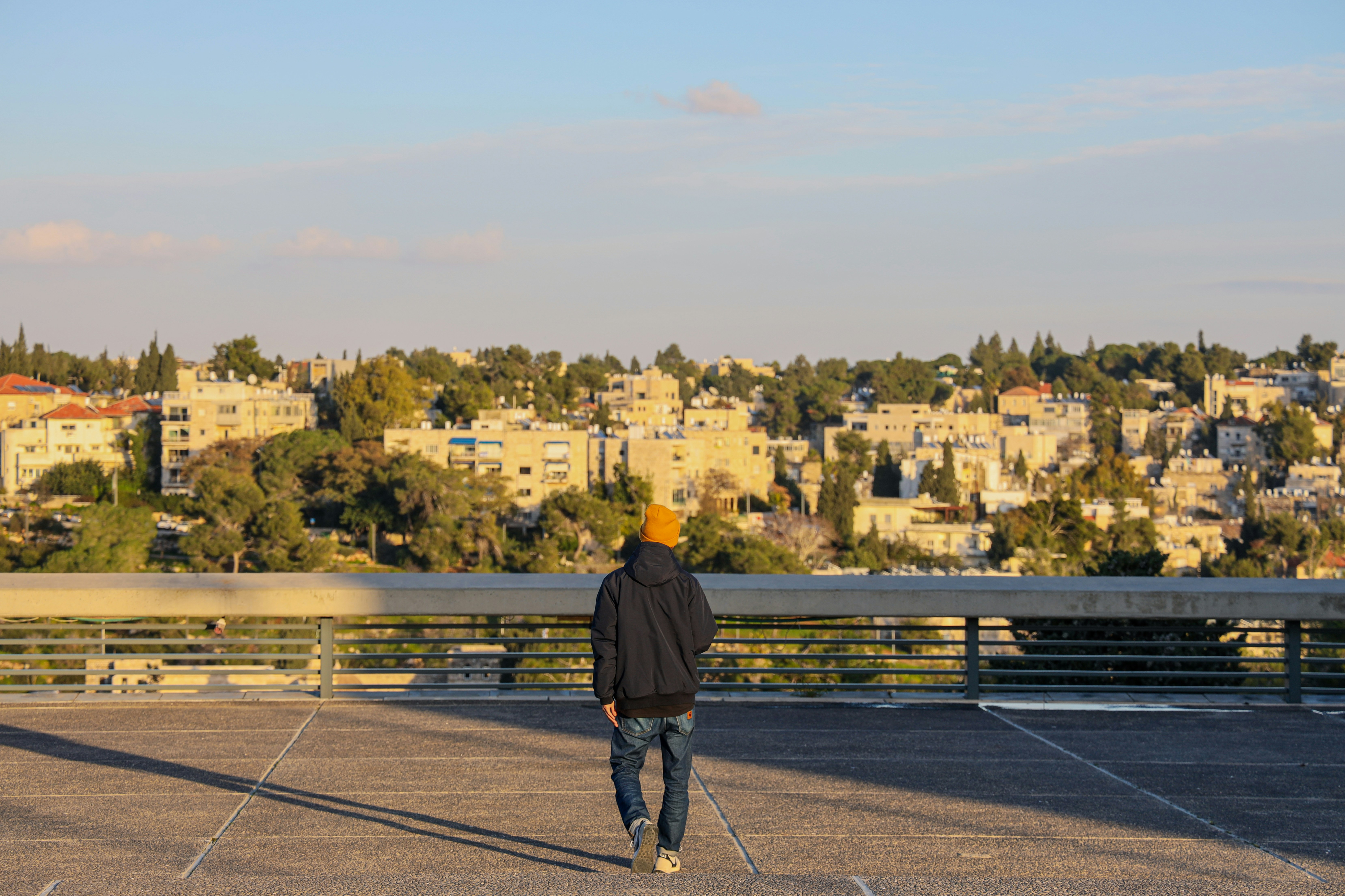 a man standing on top of a roof with a skateboard
