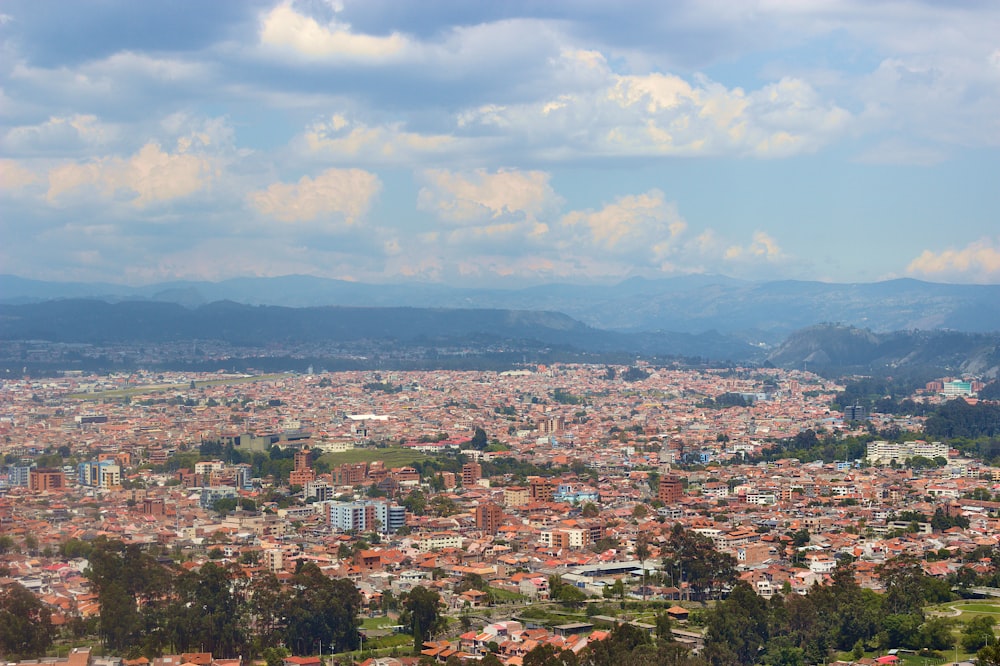 a view of a city with mountains in the background