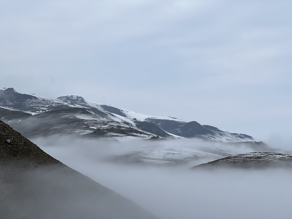 a mountain covered in fog and clouds with a bird perched on top of it