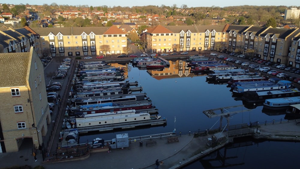 a marina filled with lots of boats next to tall buildings