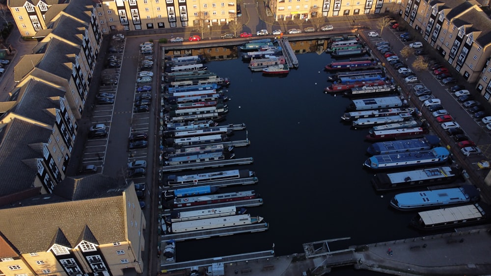 an aerial view of a marina in a city