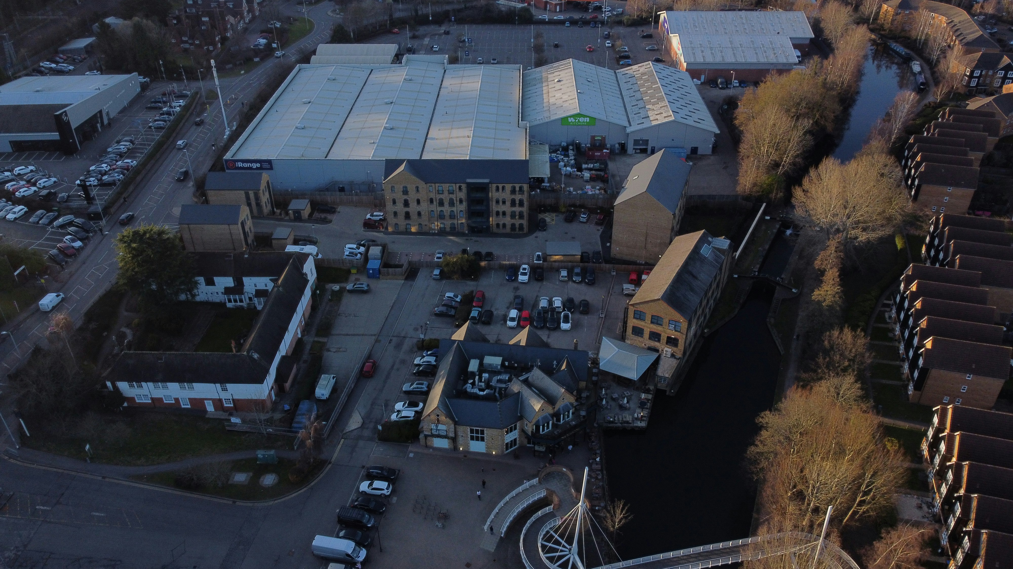 an aerial view of a large industrial building
