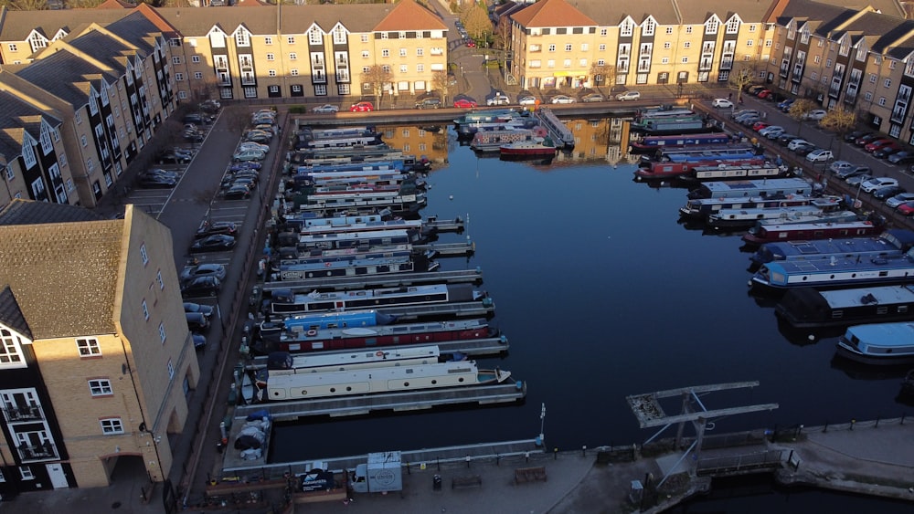 a marina filled with lots of boats next to tall buildings