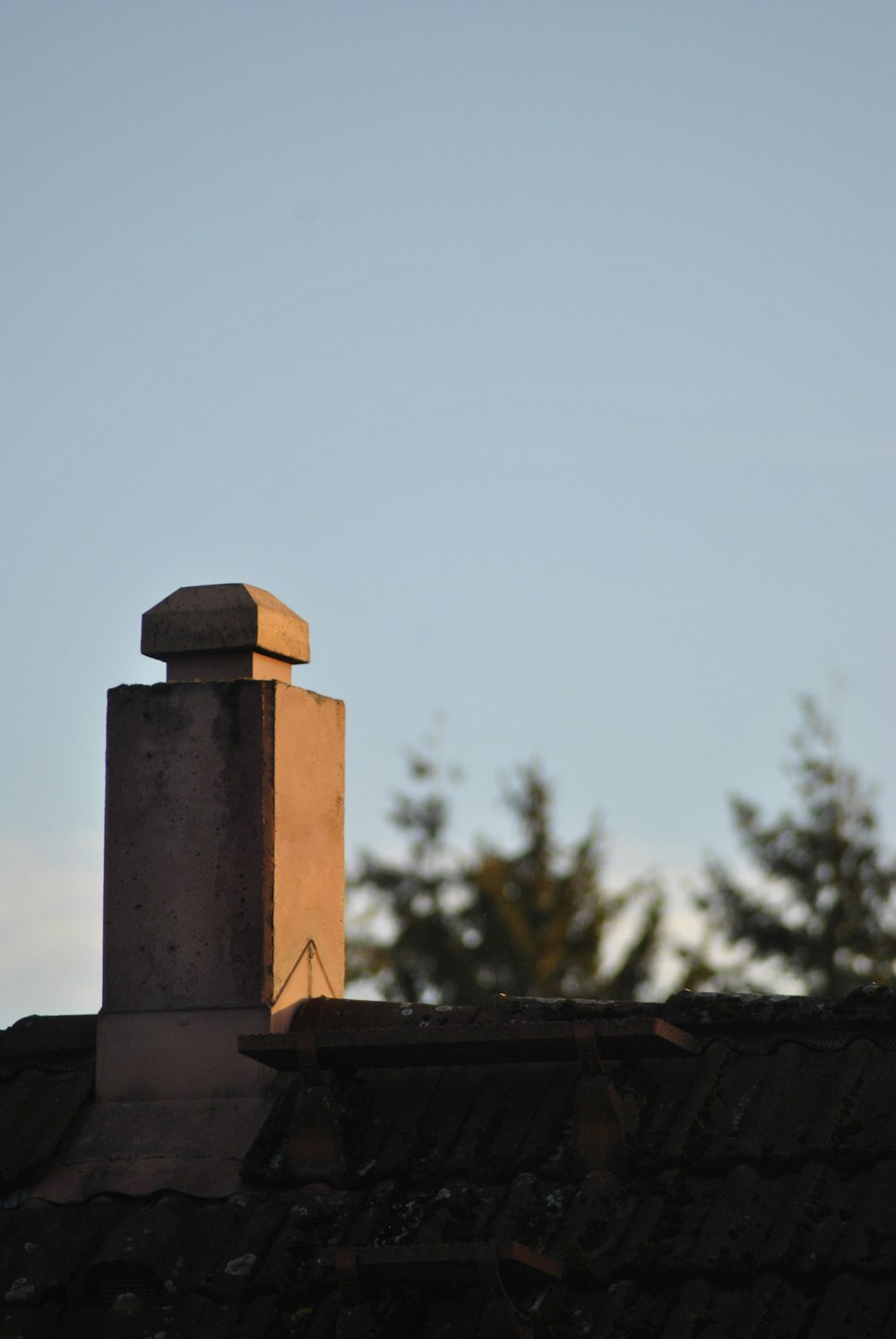 a chimney on top of a roof with trees in the background