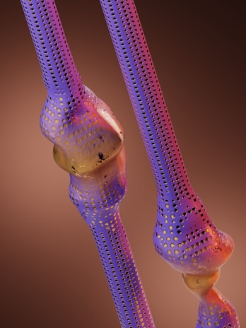 Two stylized, perforated bone structures are set against a warm brown gradient background. The bones display a gradient effect of blue and purple hues with scattered golden yellow dots, creating a visually striking pattern.