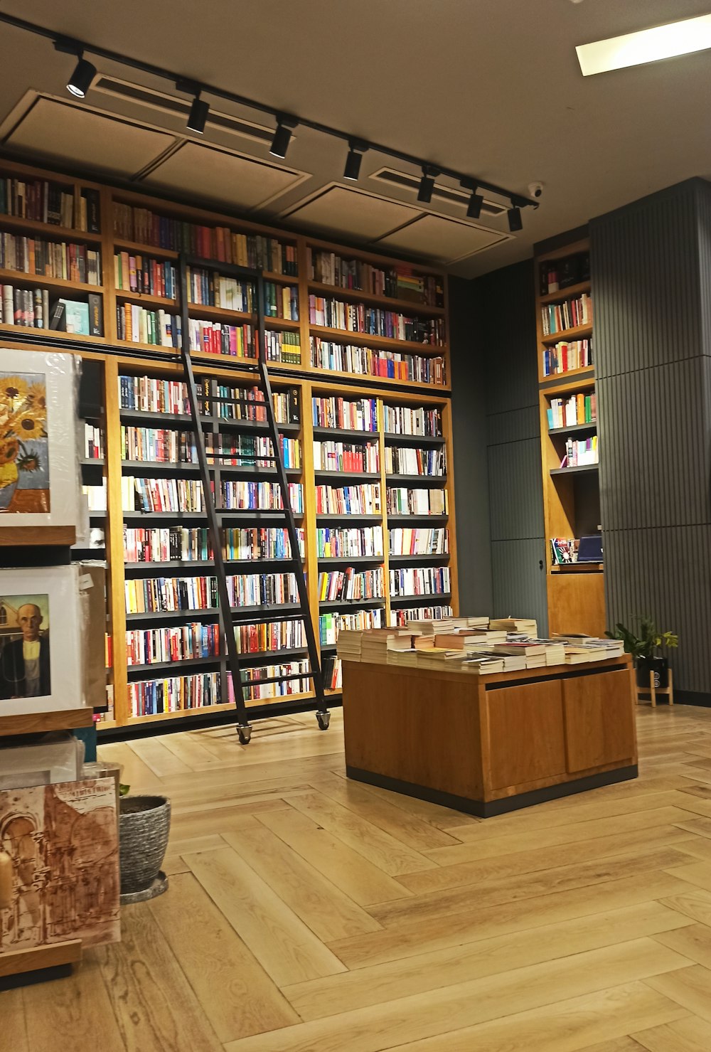 a room filled with lots of books and a ladder