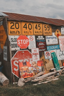 A collection of various road signs and a painting are displayed on a wooden structure with a rusty tin roof. The signs include speed limits, stop signs, and warning signs, among others. There is also a colorful painting of a chef holding a pot, along with bottles and food. Logs are strewn in front of the setup, and grass is seen in the foreground.