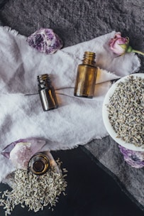 a table topped with bottles of essential oils