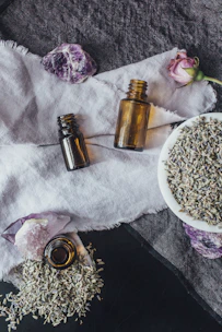 a table topped with bottles of essential oils