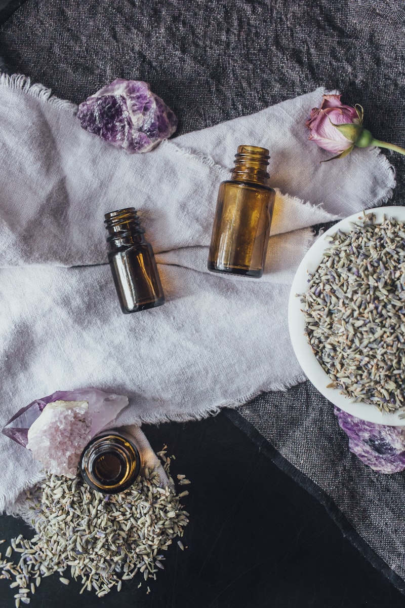 Essential oil bottles with lavender and amethyst