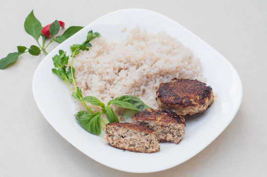 a white plate topped with meat and rice