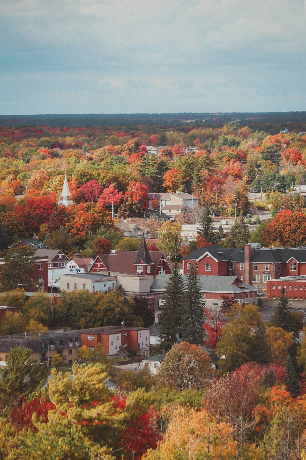 a town surrounded by trees in the fall