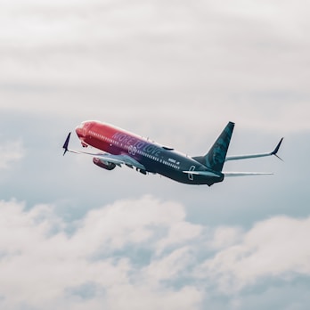 A commercial airplane with 'More to Love' written on the fuselage ascends through a cloudy sky, showcasing a gradient color scheme from red to purple.