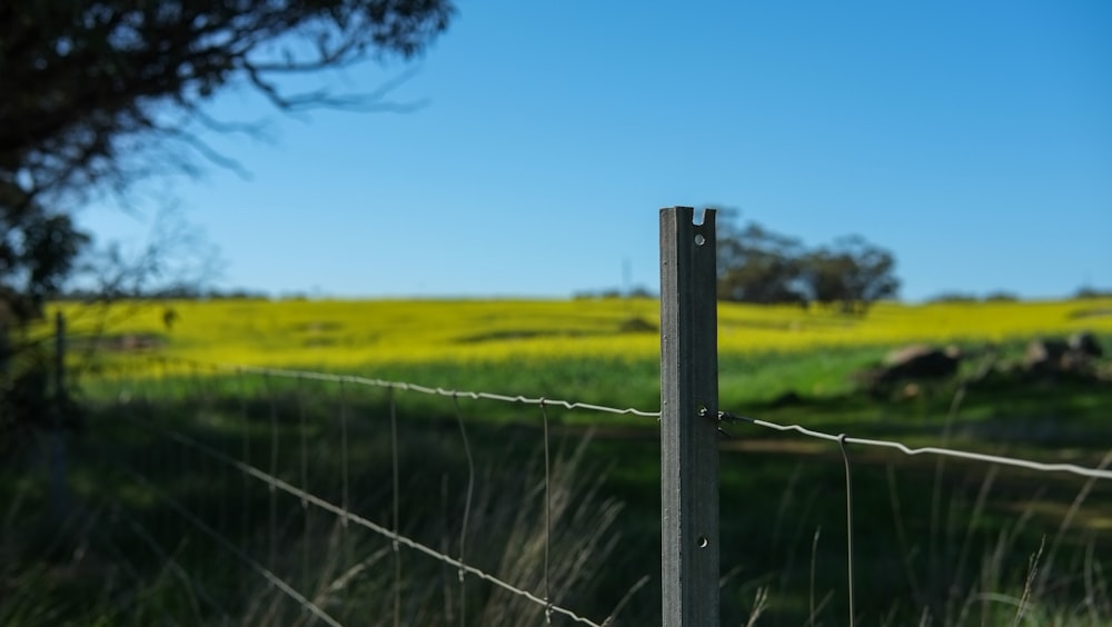 a wire fence with a field in the background