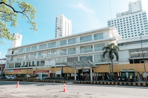 A mid-rise building with large windows and a modern design, featuring retail establishments on the ground floor. There are palm trees and some traffic cones in front. A taller skyscraper stands in the background, and the sky is clear blue.
