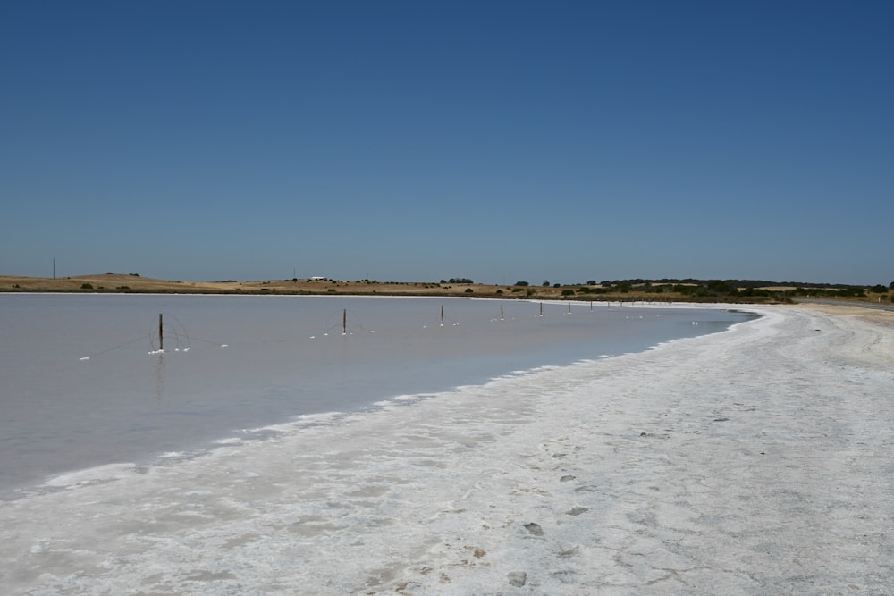 a large body of water sitting next to a sandy beach