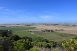 A vast agricultural landscape stretches out under a clear blue sky, featuring green fields interspersed with patches of dry, brown land. A few small buildings are scattered across the terrain, and clusters of trees line the fields. In the foreground, lush green vegetation adds depth to the scene, enhancing the scenic view of open countryside.