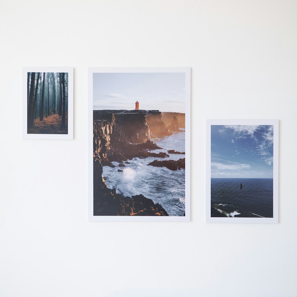 three polaroid photographs hanging on a wall