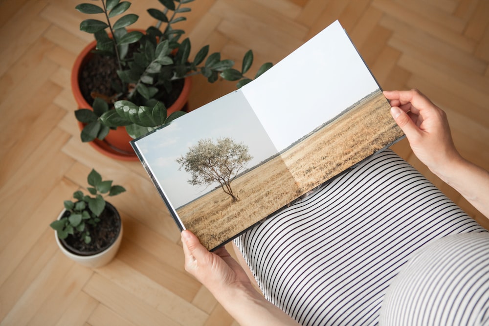 a person holding a book with a picture of a tree on it