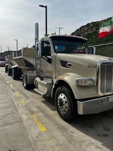 A large beige semi-truck is parked on a concrete road with a trailer attached. The vehicle has chrome details and the text 'BD 103' on the front. In the background, there is a hill with greenery and a flag with red, white, and green stripes. The sky is overcast.