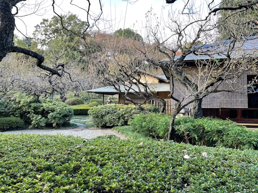 A serene Japanese-style house exterior with a minimalist garden at sunset.