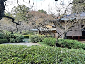 A peaceful garden scene featuring a traditional Japanese-style house, surrounded by bare trees and well-maintained greenery. The garden path winds through manicured shrubs, leading the eye towards the structure's wooden details and sliding doors. A serene atmosphere is created by the natural and architectural elements.