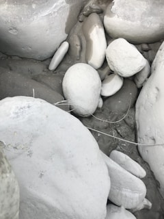 A serene arrangement of natural stone pieces in soft neutral tones on a white background.