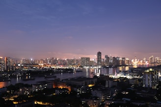 A bustling city skyline at dusk with glowing lights and a calm river reflecting the view