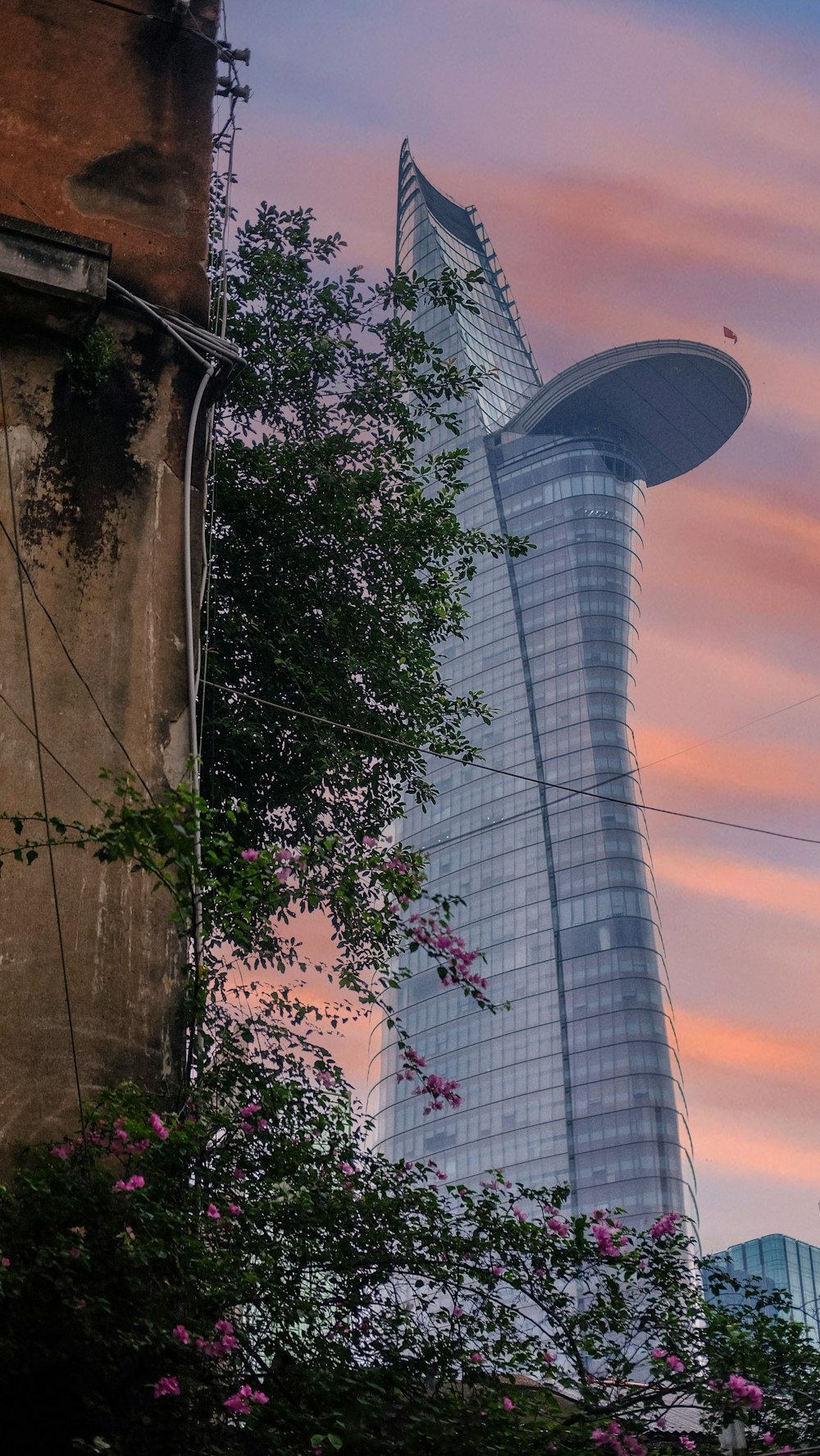 a tall building sitting next to a lush green tree