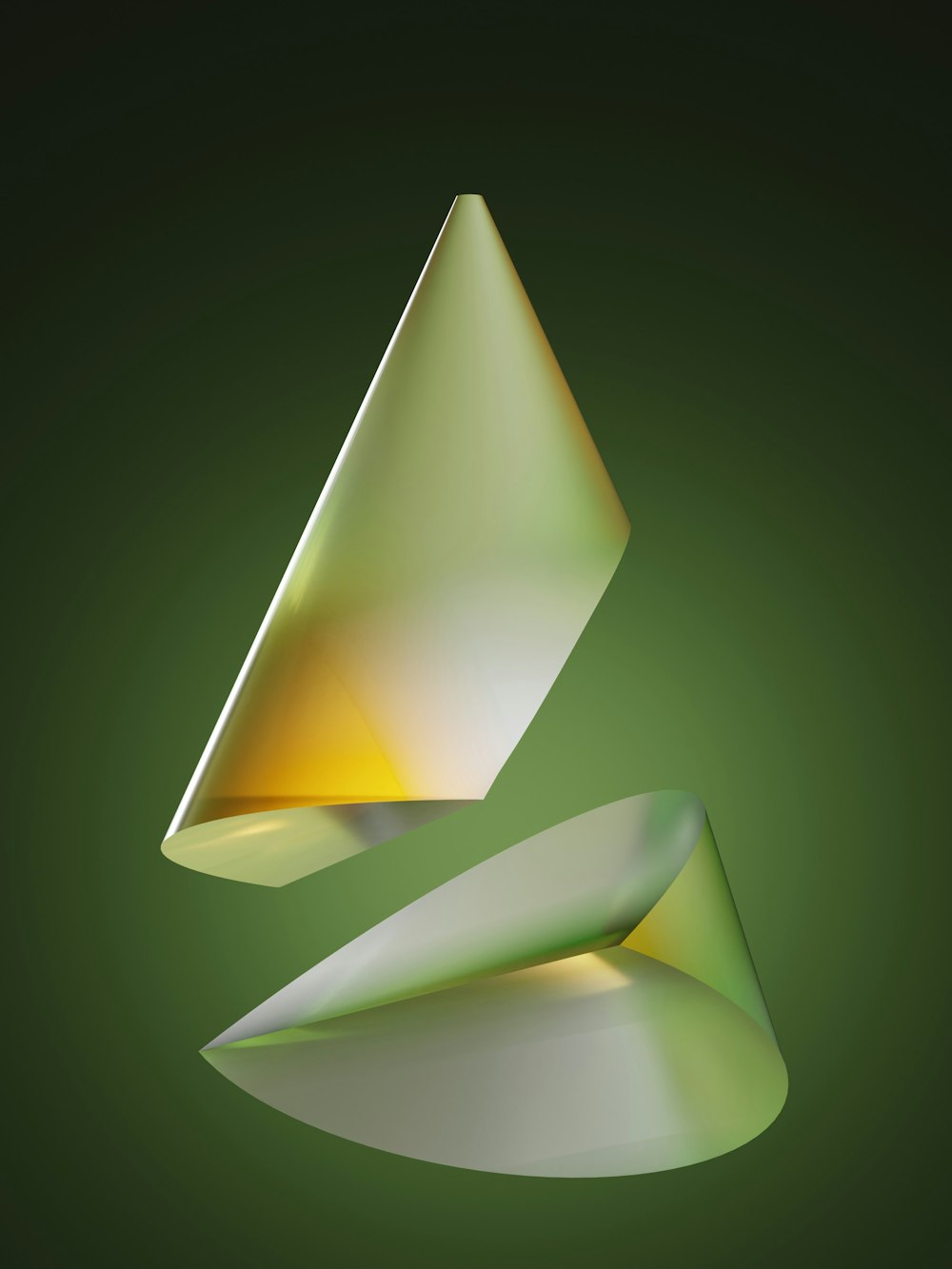 a green and yellow object with a black background