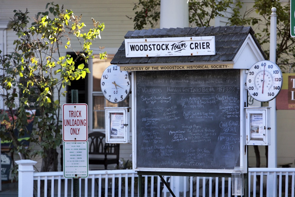 a chalkboard with a clock on top of it