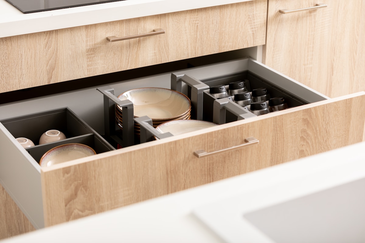 Open modern kitchen drawer with organized bamboo dividers holding ceramic plates, bowls, and cookware arranged neatly