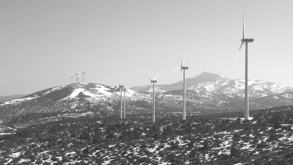 a black and white photo of wind turbines