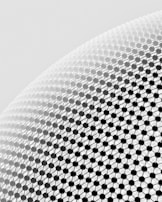 A close-up view of a geometric pattern consisting of black spherical nodes connected by thin lines, forming a lattice structure on a curved surface. The background is a light gray gradient.