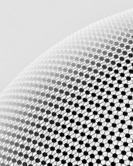 A close-up view of a geometric pattern consisting of black spherical nodes connected by thin lines, forming a lattice structure on a curved surface. The background is a light gray gradient.