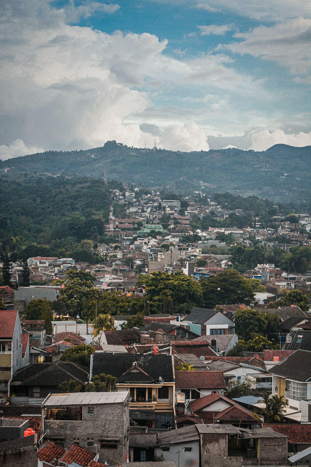 a view of a city with mountains in the background