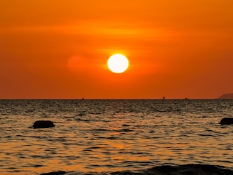 A vibrant painting of a sunset over a calm sea with warm orange and pink hues.