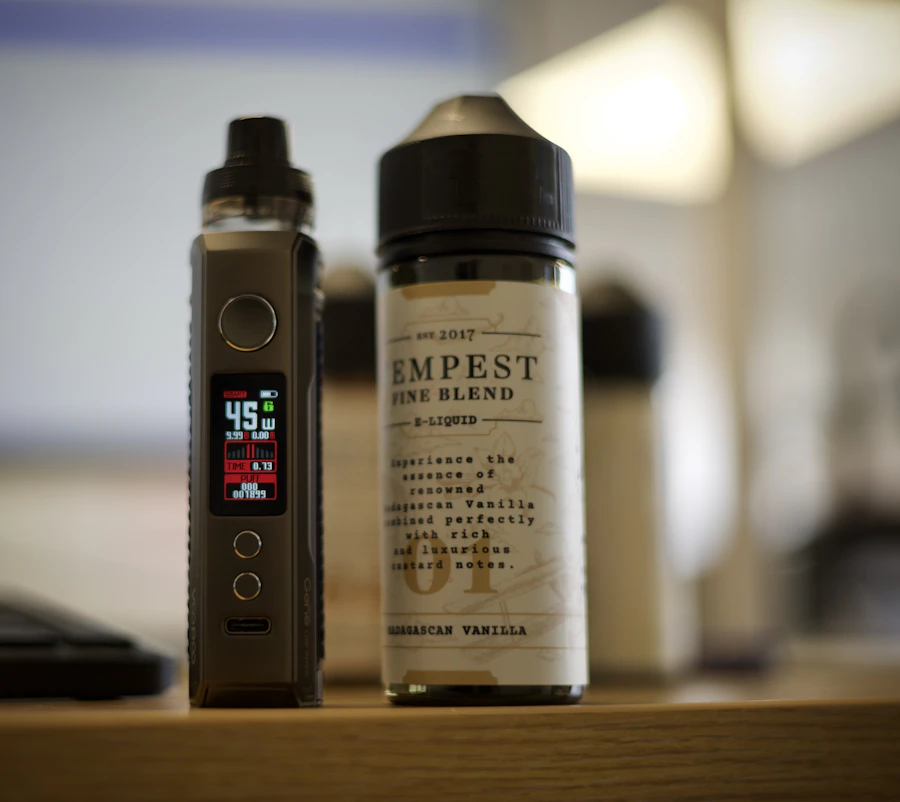 Illustrative vape device beside a bottle of liquid