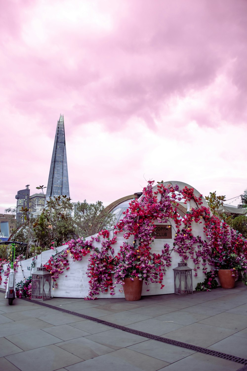 a building with pink flowers growing on the side of it