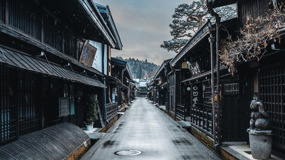 a long narrow street lined with wooden buildings