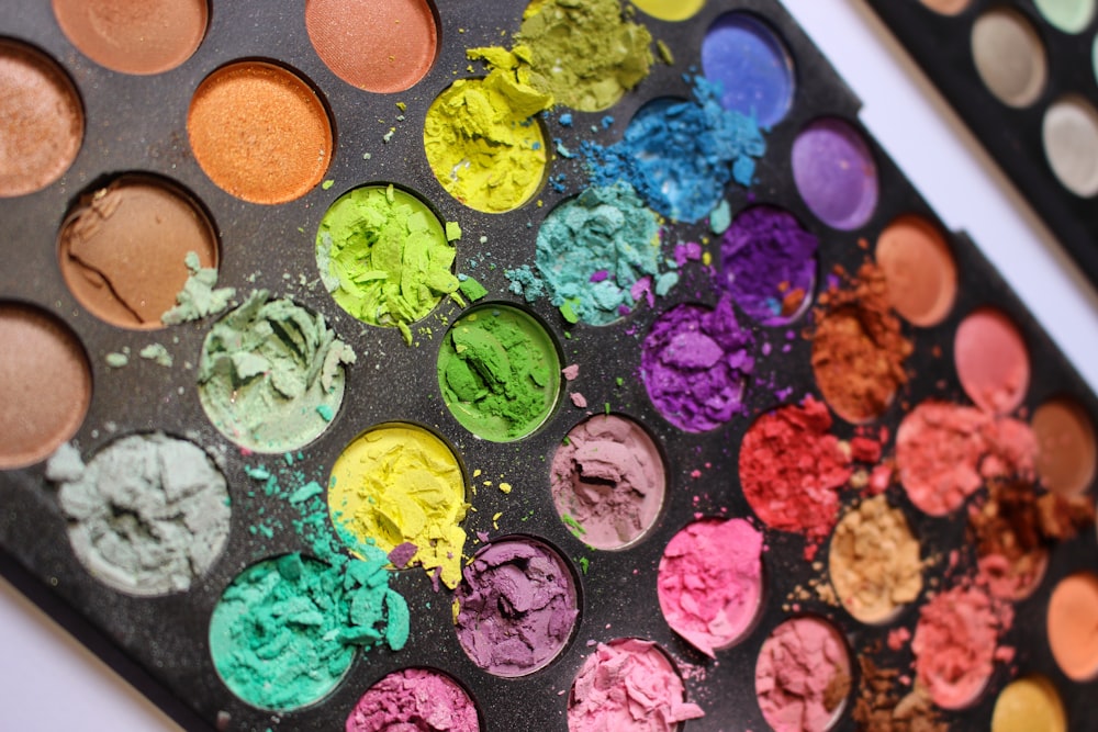 a close up of a palette of paint