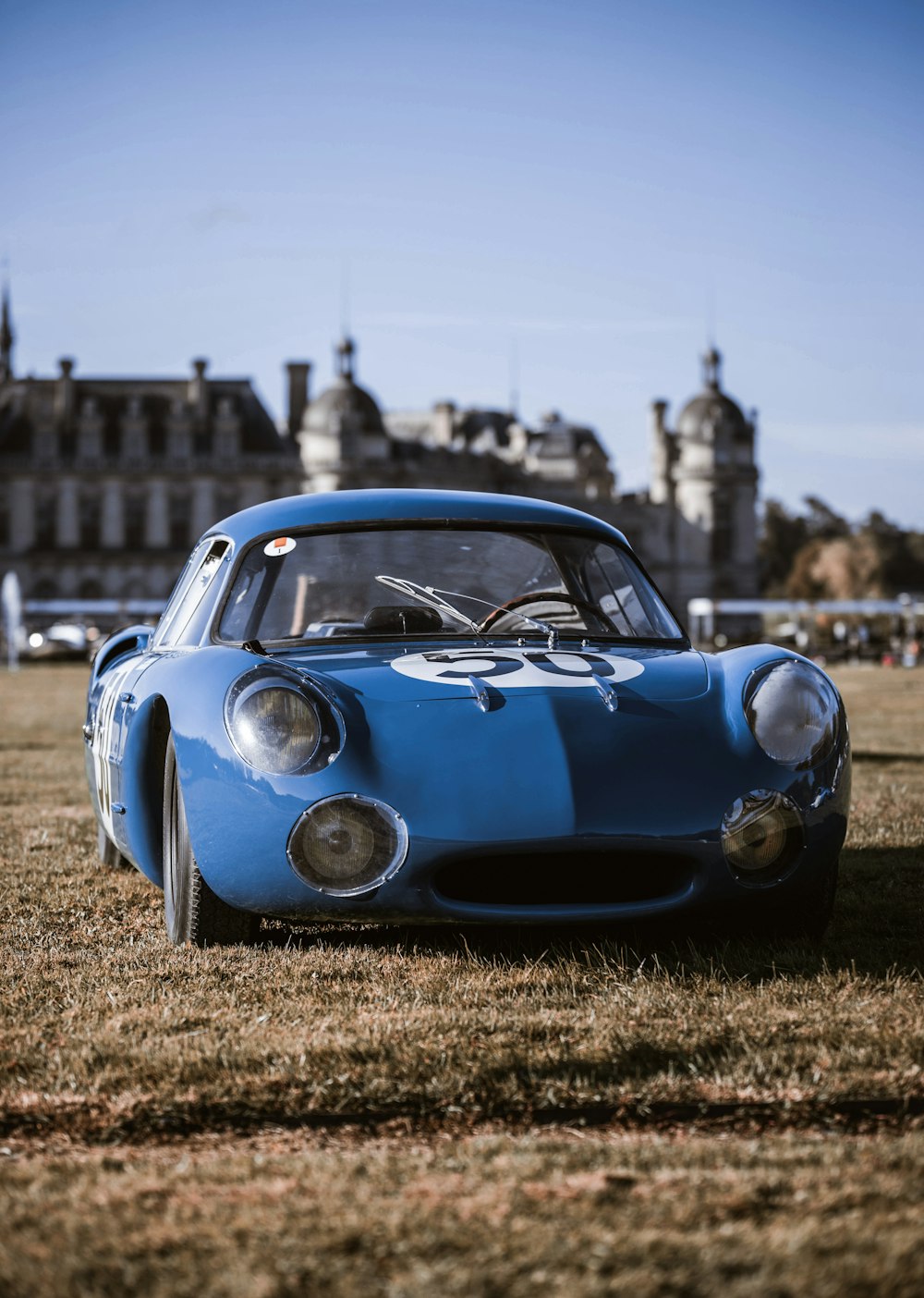 a blue sports car parked on top of a grass covered field