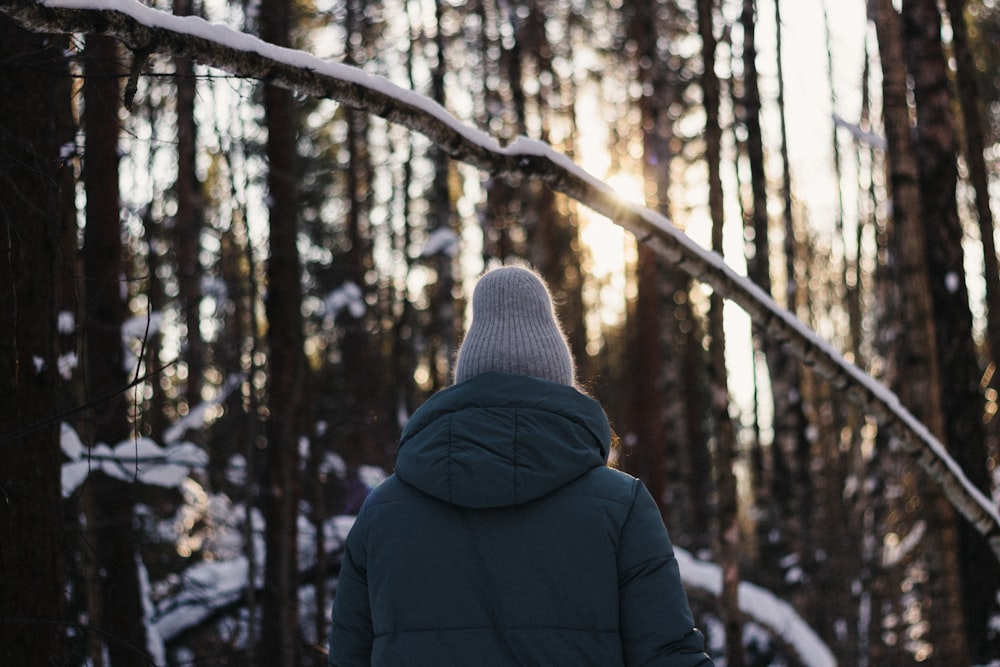 a person walking through a forest in the snow